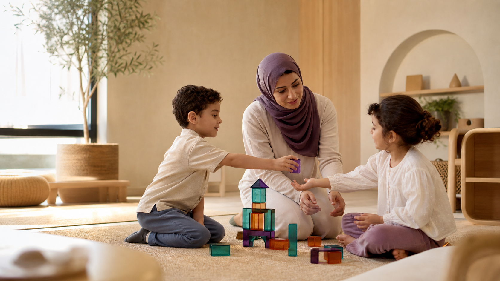 Children and a therapist learning together with colorful blocks